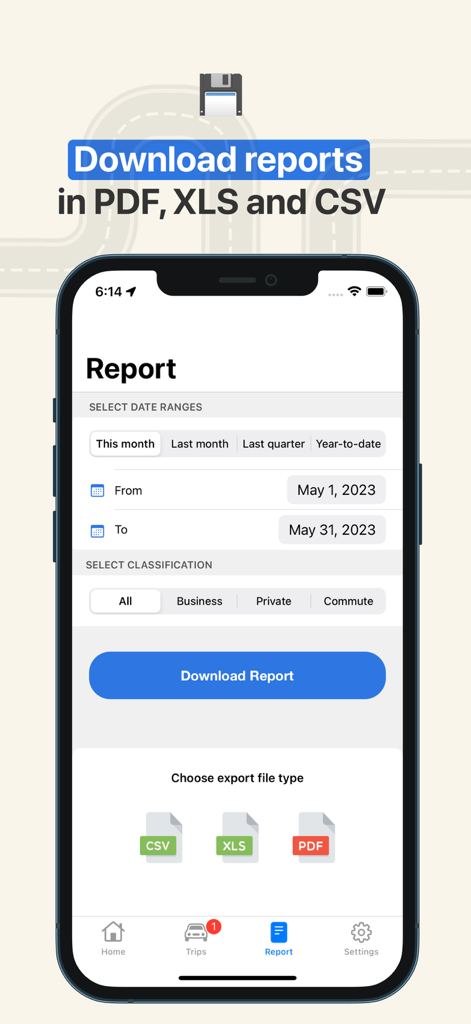 Tripbook app interface for downloading mileage reports in PDF XLS and CSV formats