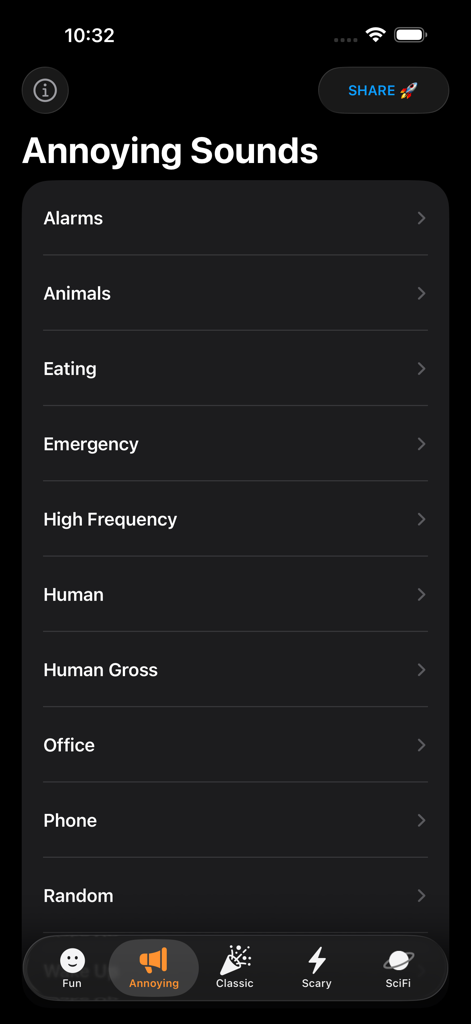 Sound Effects Boards Pro - Annoying sounds category list in the Sound Effects Boards Pro app showing options like Alarms, Animals, and Human Gross