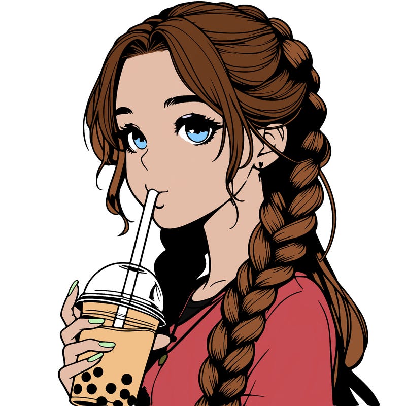 realistic girl with braided hair drinking boba