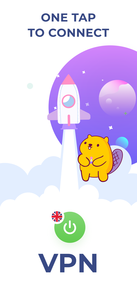 Interface de l'application Beaver VPN présentant un bouton de connexion en un clic et une jolie mascotte à côté d'une fusée au décollage