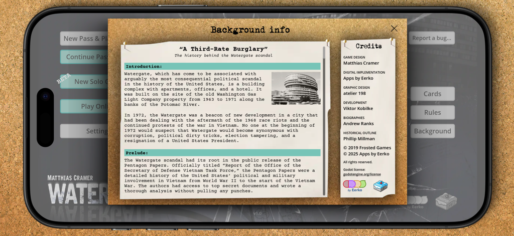 Background information and credits screen of the Watergate board game mobile app