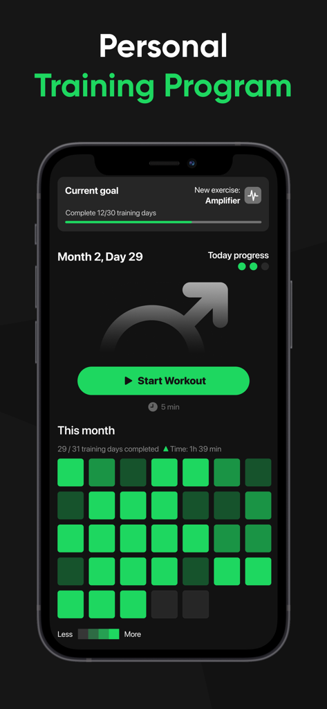 Kegel Gym: Men's Health Coach - Mobile app interface for Kegel Gym displaying a personal training program and workout tracker