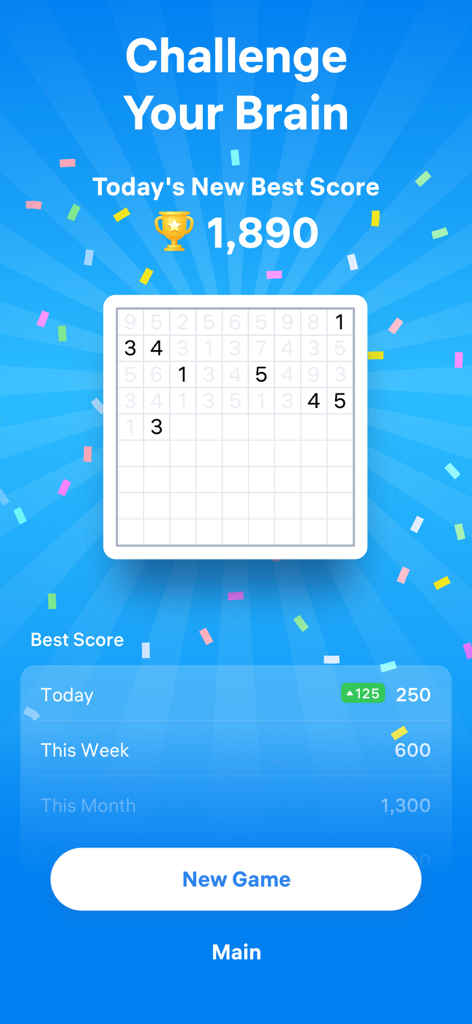 Number Match - Numbers Game - Schermata del gioco Number Match che visualizza un nuovo punteggio migliore con un trofeo e un messaggio di allenamento cerebrale