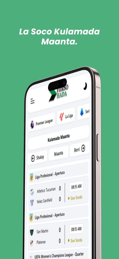 iPhone-Bildschirm, der die mobile App-Oberfläche von Fiirso Hada mit Spielplänen und Ergebnissen auf Somali anzeigt