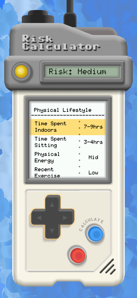 Anti-Goon: Quit Gooning - Écran du calculateur de risques de l'application Anti-Goon avec une interface de console de jeu portable rétro affichant des statistiques de style de vie.