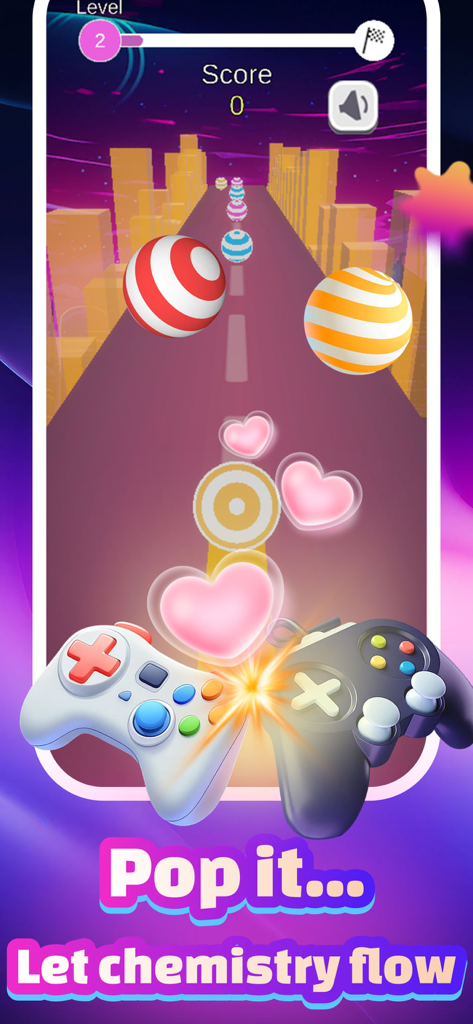 Tuki Connect:Bubble Love - Gameplay screen of Tuki Connect Bubble Love showing colorful striped spheres and pink hearts on a neon path