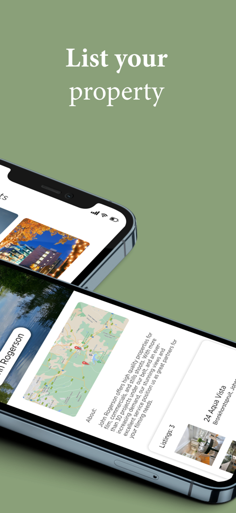 Filmset App-Oberfläche auf einem iPhone, die ein Immobilienprofil für Film-Drehorte zeigt