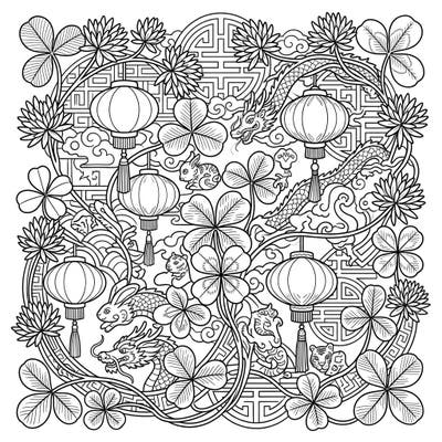 Discover a unique fusion of luck and tradition with this captivating coloring page, blending the charm of wild clover with the festive spirit of Lunar New Year. Featuring intricate dragons, lanterns, and zodiac motifs, this detailed design offers hours of creative relaxation.