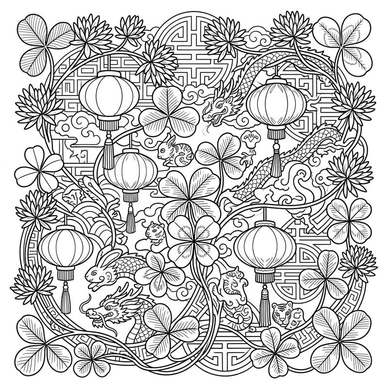 Discover a unique fusion of luck and tradition with this captivating coloring page, blending the charm of wild clover with the festive spirit of Lunar New Year. Featuring intricate dragons, lanterns, and zodiac motifs, this detailed design offers hours of creative relaxation.