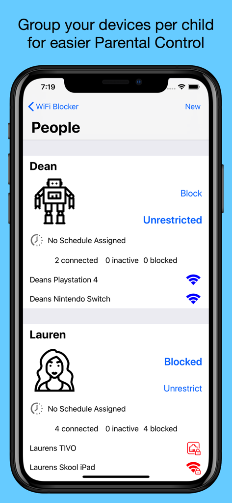 WiFi Blocker - WiFi Blocker app screen showing devices grouped by child for easy parental control