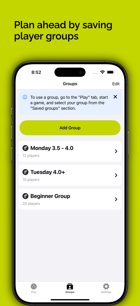 Pickleball Pro - Interface of the Pickleball Pro app displaying saved player groups for match organization.