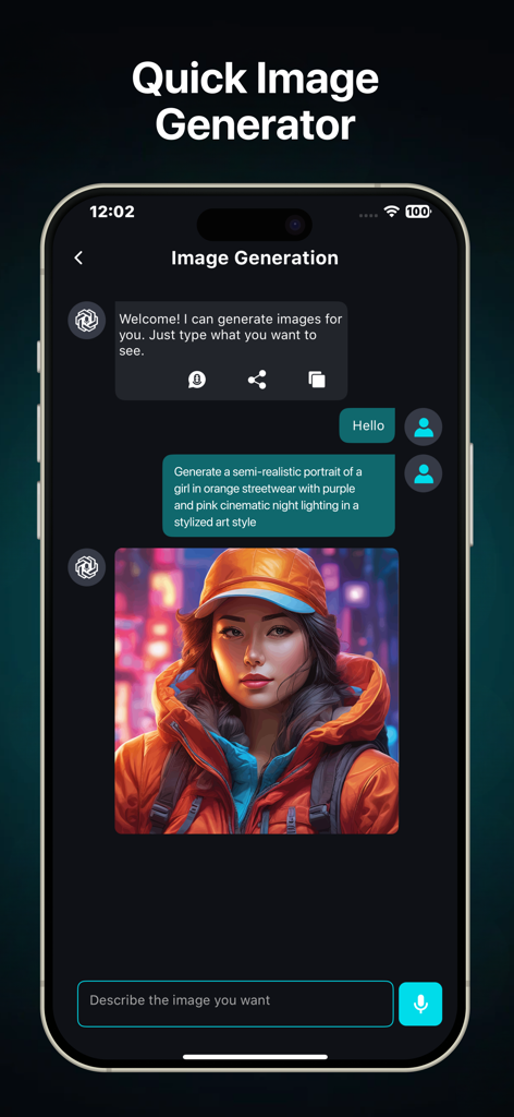 Smart Chatbot & AI Assistant - A smartphone screen showing the AI image generator feature of the Smart Chatbot app creating a stylized portrait from a text prompt