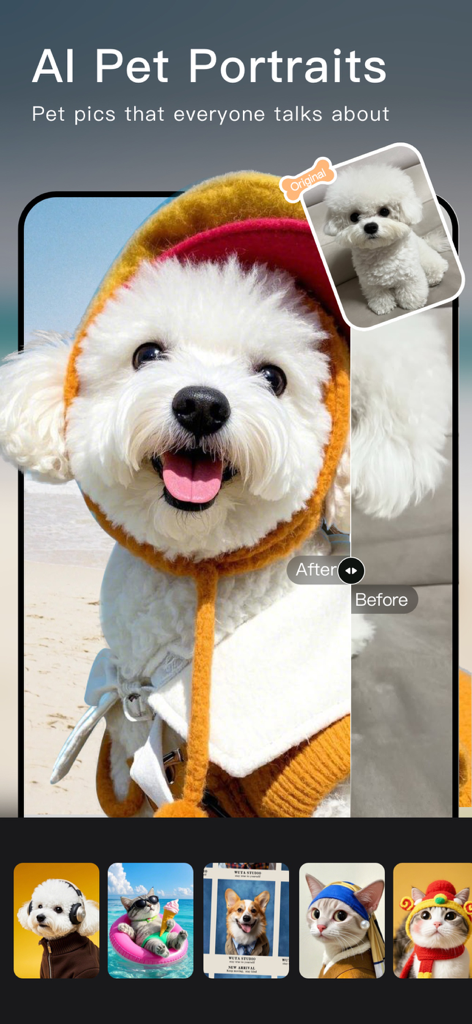 Fonction Portraits d'Animaux par IA de Wuta Camera montrant un chien dans un costume mignon avec une comparaison avant-après