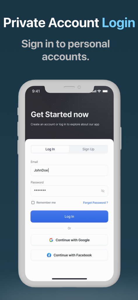 Dual Space - Multi Accounts. - Private account login screen of the Dual Space app on an iPhone showing email and social login options.
