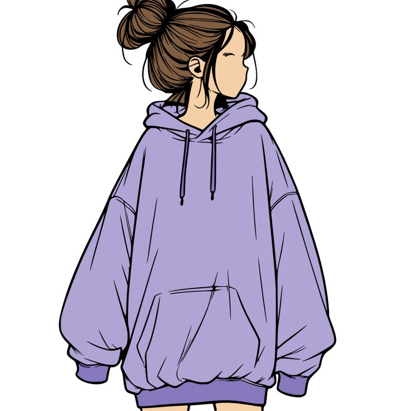 realistic girl with a oversized sweatshirt on and a bun