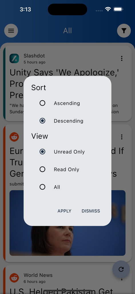 A screenshot of the Stratum RSS reader showing the sort and view filter menu with options for ascending or descending order and unread or read articles.