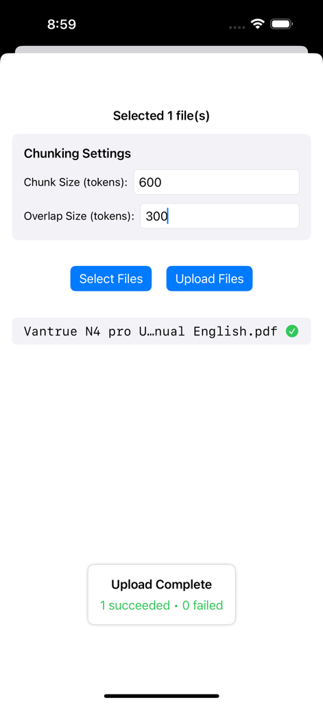 OpenAssistant - Interface showing chunking settings and file upload status for AI document processing