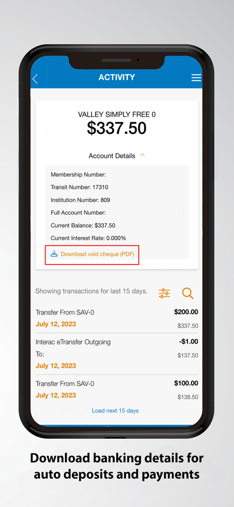 Valley First app account activity screen featuring a download void cheque option for auto deposits and payments.