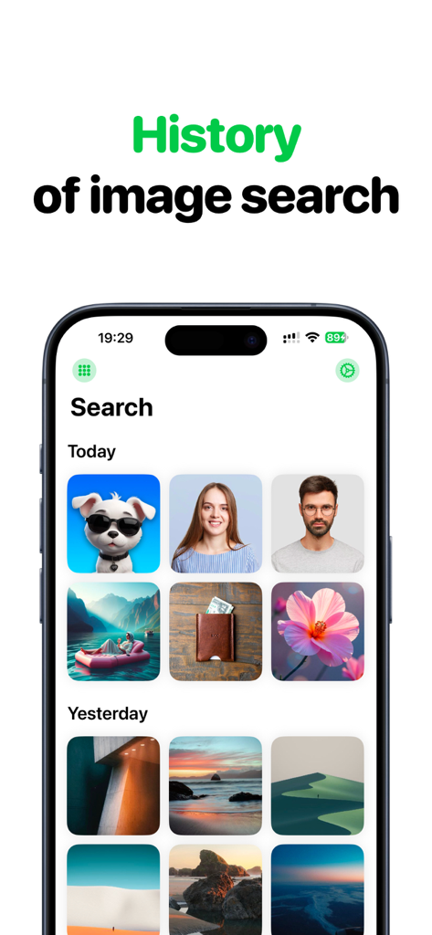 Search By Image: Lens Identify - Interfaccia dell'app che mostra una cronologia delle ricerche inverse per immagini organizzata per data