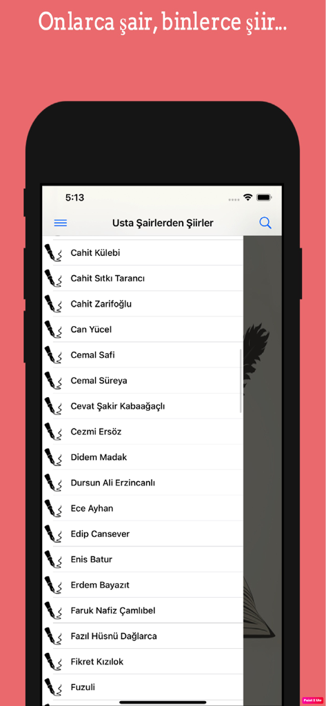 Usta Şairlerden Şiirler - Screenshot of the Usta Sairlerden Siirler app displaying a list of famous Turkish poets