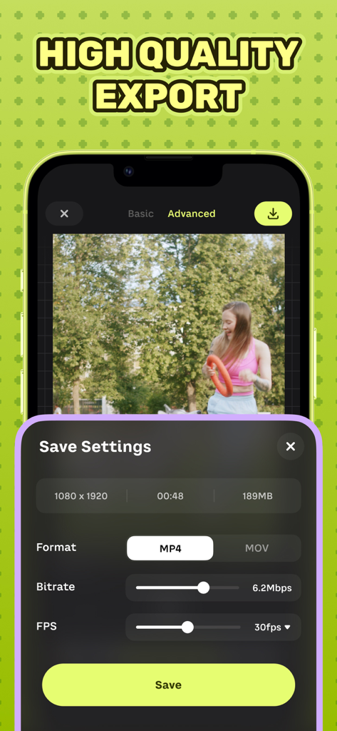 Speed Up Video - High quality video export settings interface in the Speed Up Video app featuring resolution and bitrate controls.