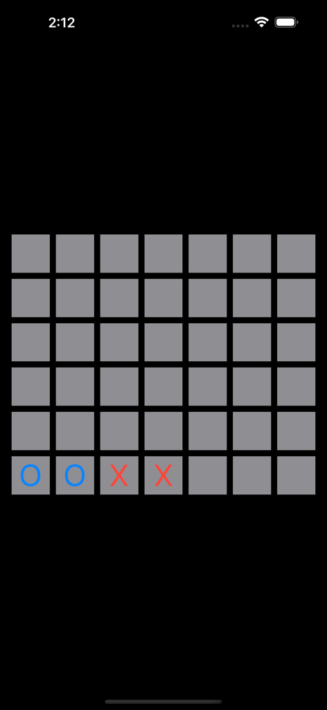Tic Tac Toe & Four in a Row - Minimalist gameplay screen of Four in a Row in dark mode with blue and red symbols