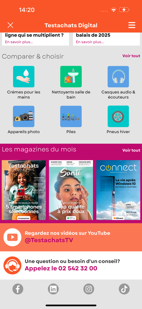 Testachats Digital - 製品比較と雑誌が掲載されたTestachats Digitalアプリのホームページ