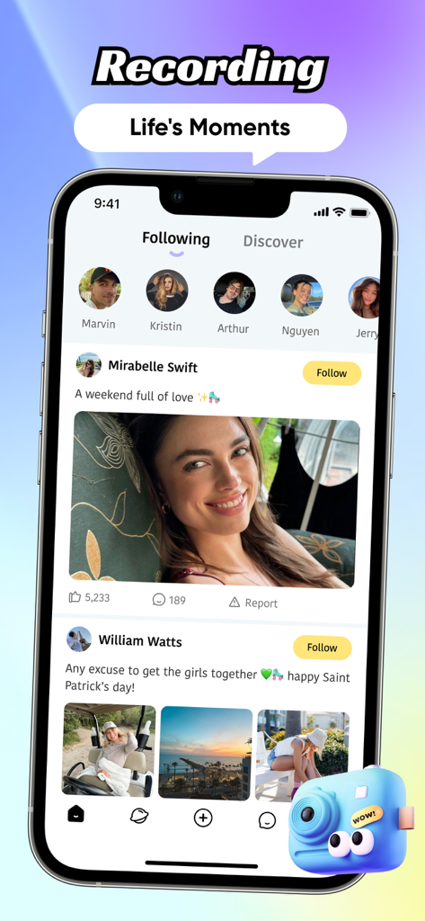 Kula - Video Chat, Meet, Call - A smartphone displaying the social feed of the Kula app with posts from followed users sharing photos and videos of their everyday moments.