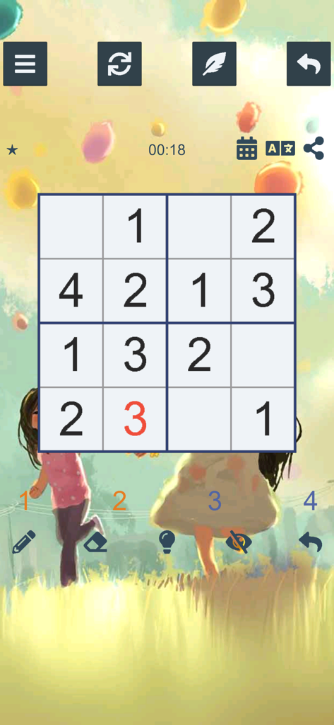 ™ Sudoku 4x4 - A simple 4x4 Sudoku puzzle grid with numbers 1 to 4 displayed over a whimsical background of children playing