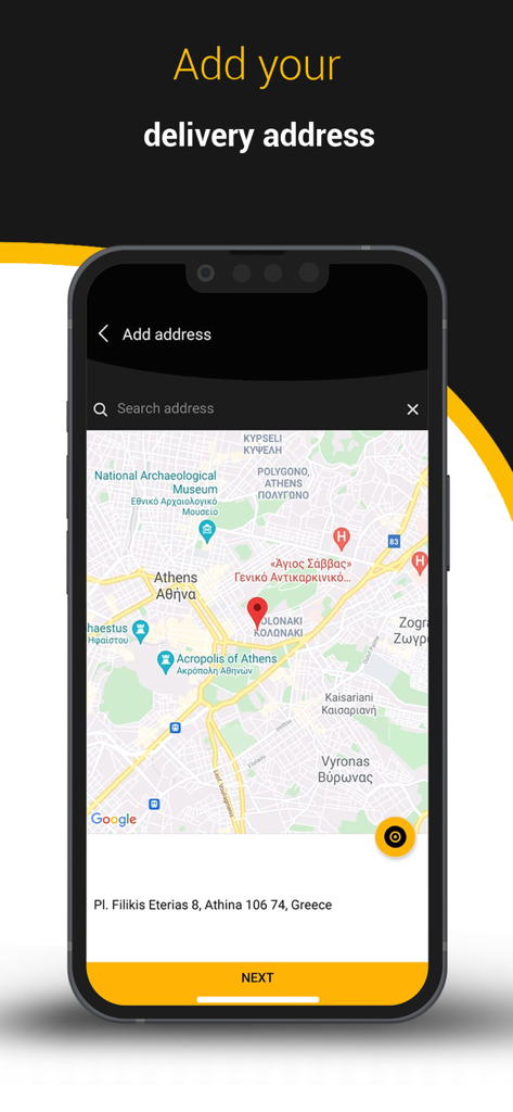 Ein Smartphone-Bildschirm, der die Pengu App-Adressauswahlseite mit einer Karte und einer Suchleiste anzeigt