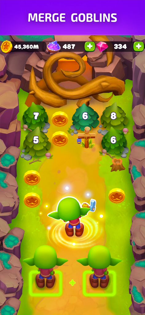 Goblins Wood: Gold Miner Game - A gameplay screenshot of Goblins Wood showing two green goblins being merged to level up workers in a forest environment