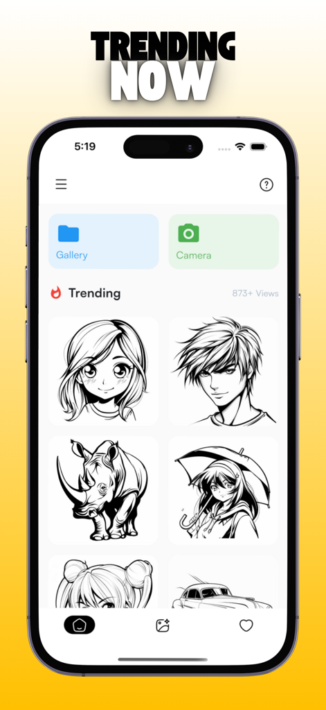 AR Drawing: Sketch & Trace Art - La section tendance de l'application AR Drawing montrant divers modèles de croquis à tracer comme des personnages d'anime et des animaux.