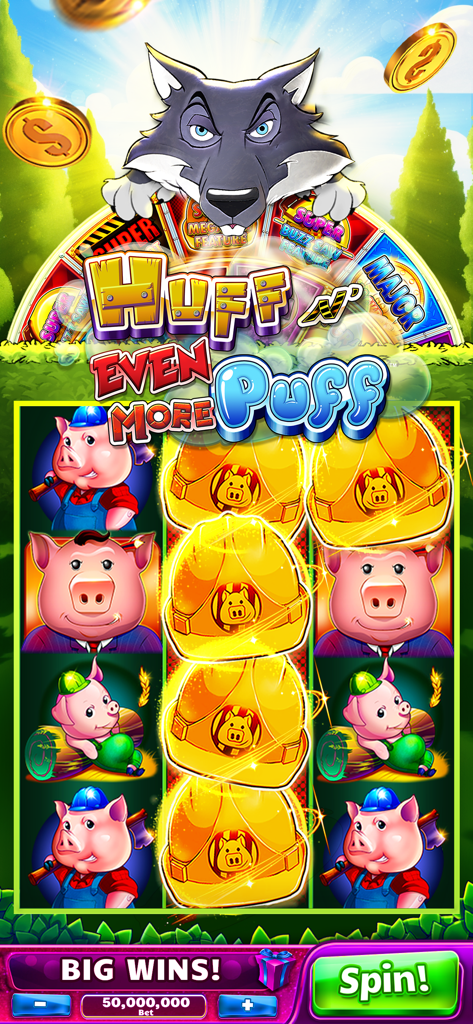 Jackpot Party - Casino Slots - Jackpot Party Casino Slots con la máquina Huff and Puff con cerdos y un lobo