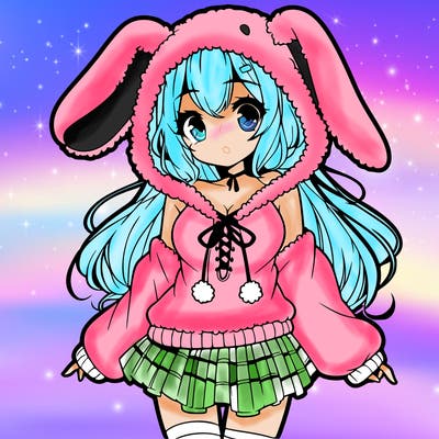 pretty anime girl wearing a fluffy hoodie with bunny ears on the hood and a skirt