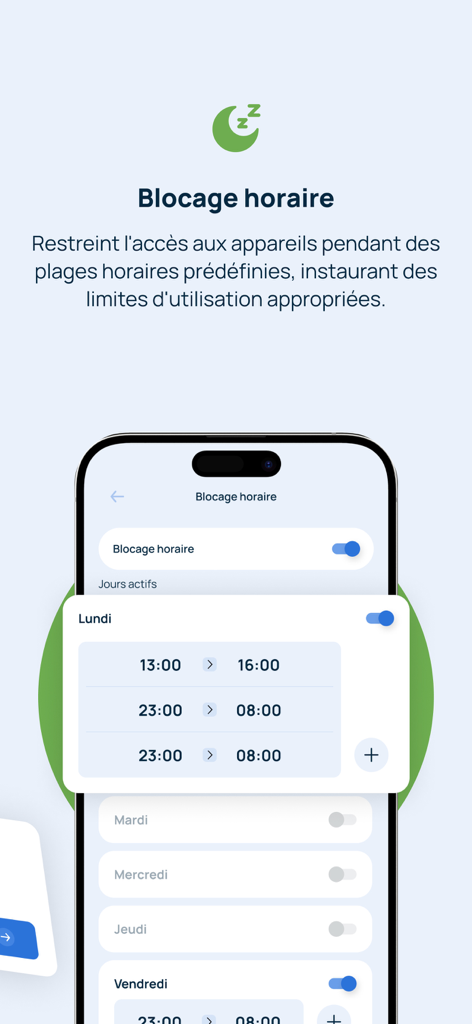 Kidcare : Contrôle parental - Interfaz de la aplicación de control parental Kidcare que muestra la función de bloqueo de horarios para restringir el uso del dispositivo durante horas específicas.