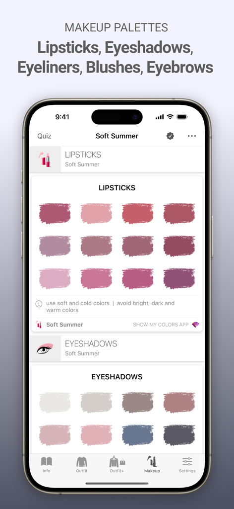 A mobile app screen displaying makeup palettes for the Soft Summer season, including lipstick and eyeshadow color swatches.