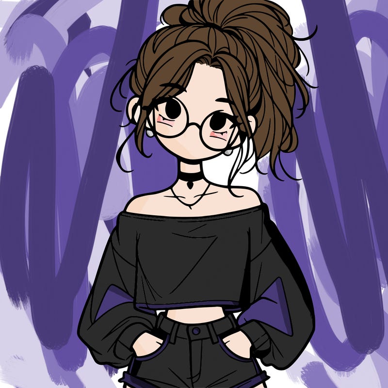 girl with a messy ponytail glasses a baggy crop top and jean shorts