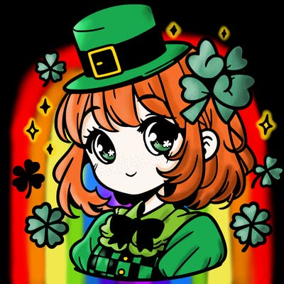 a manga-style girl with clovers around her, a little hat in her hair, like it's saint patrick's day