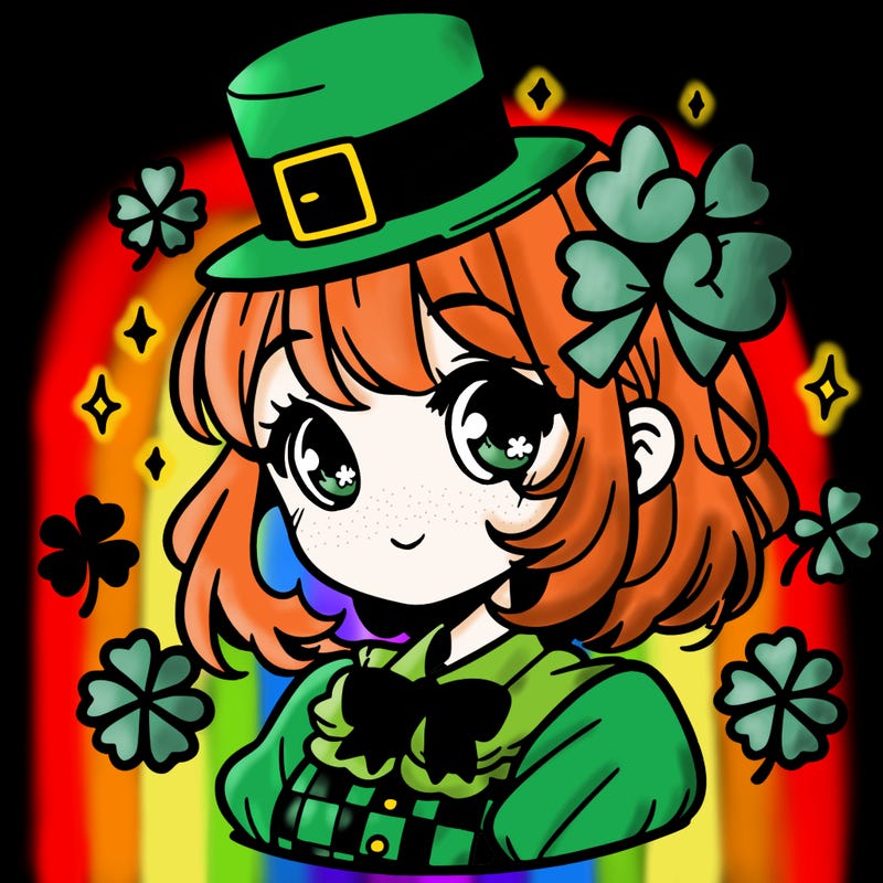 a manga-style girl with clovers around her, a little hat in her hair, like it's saint patrick's day
