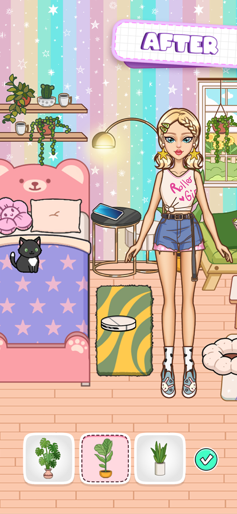 DIY Paper Doll Dress Up - A paper doll character in a cozy bedroom with a pink bear bed and plant selection icons