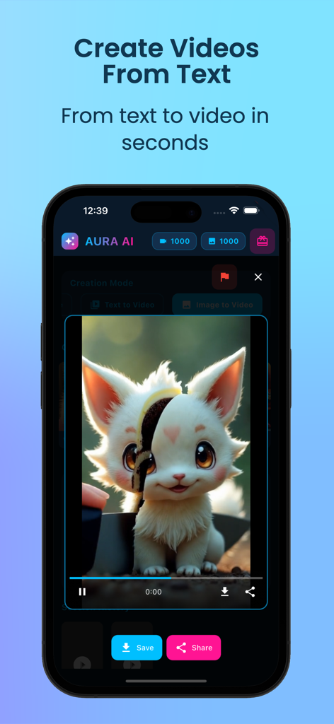 Aura AI Text & Image to Video - 저장 및 공유 옵션이 있는 귀여운 털복숭이 생물의 AI 생성 비디오를 표시하는 Aura AI 앱 인터페이스