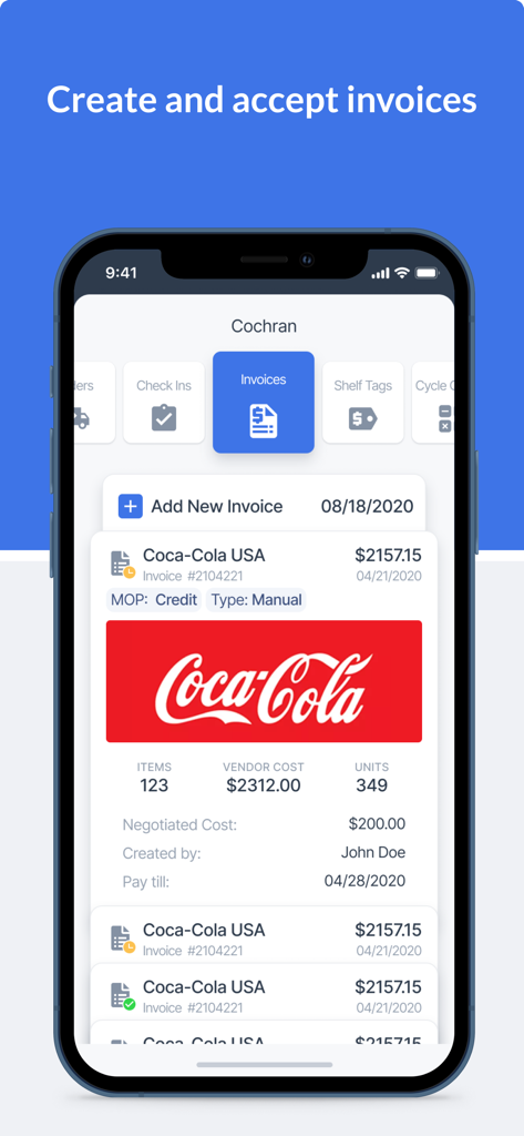 Retail360® - Retail360 app screen displaying a digital Coca-Cola invoice with inventory and cost details