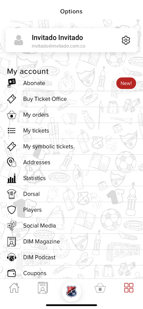 DIM Plus - Account options menu in the DIM Plus app showing tickets and club content