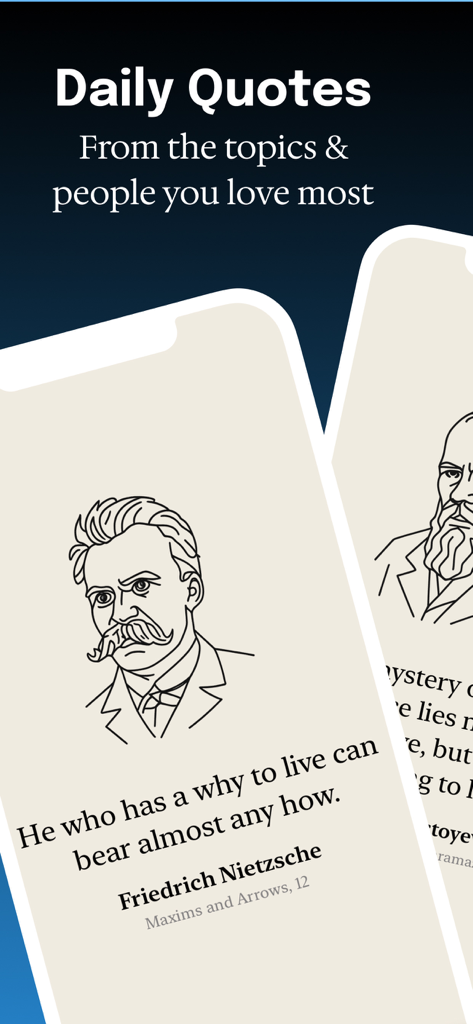 Quotebook - Daily Quotes - Daily quotes interface showing a portrait and quote from Friedrich Nietzsche