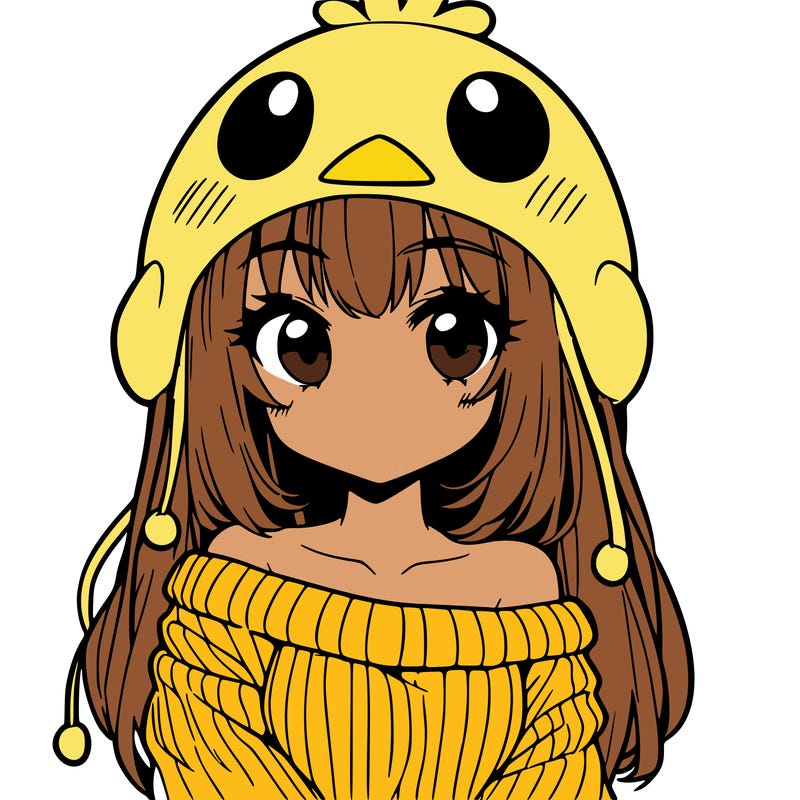 anime girl with chick shaped hat with sweater with bare shoulders with bangs covering them one eye with low tail
