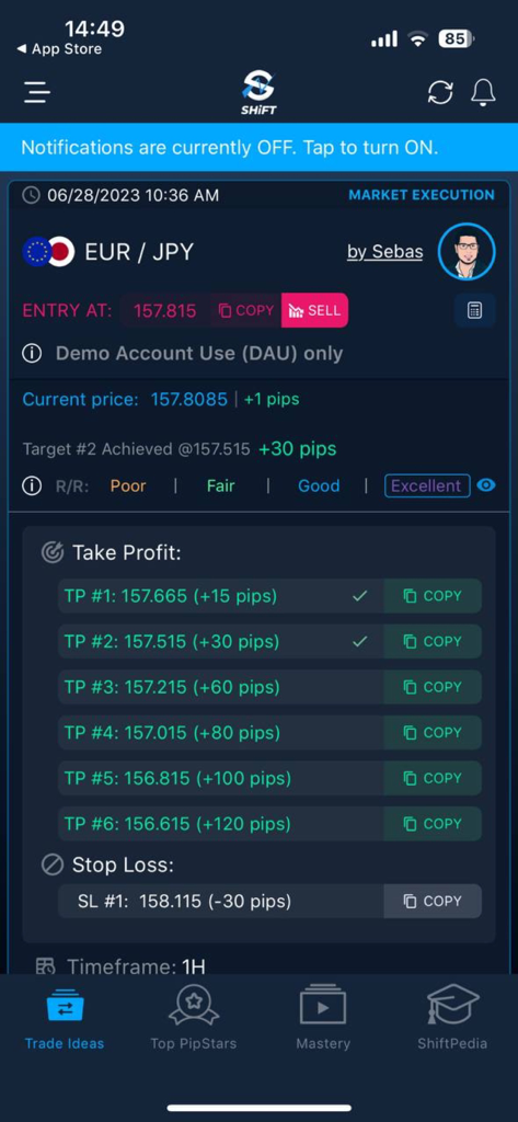 La interfaz de la aplicación SHIFT que muestra una señal de trading EUR JPY con precio de entrada, objetivos de toma de ganancias y niveles de stop loss.