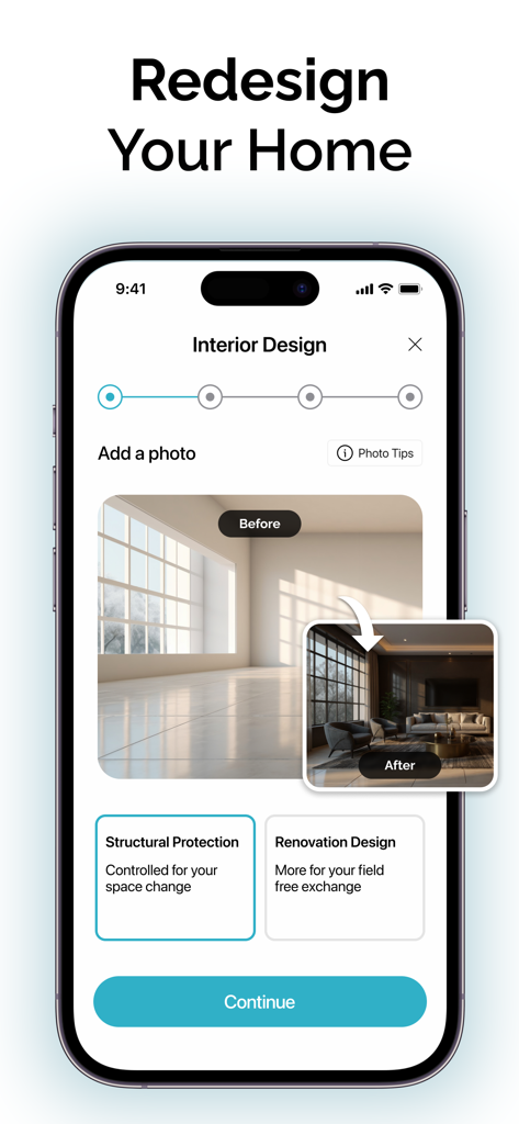 Écran de l'application Ruma montrant une refonte d'intérieur de maison avant et après à l'aide de l'IA