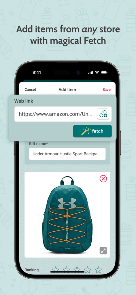 Giftster - Wish List Registry - Mobile screen of Giftster app showing how to add a gift from an online store using the magical fetch tool
