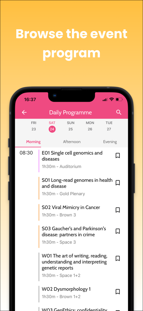 Mobile app interface displaying the daily conference schedule for the European Society of Human Genetics