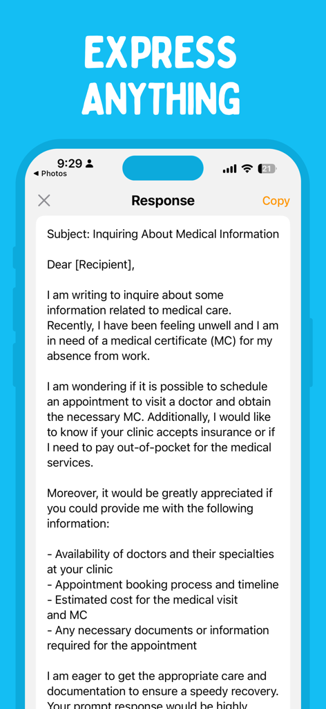 Screenshot of the Rephrase app displaying a professionally rewritten email draft about a medical inquiry under the headline Express Anything